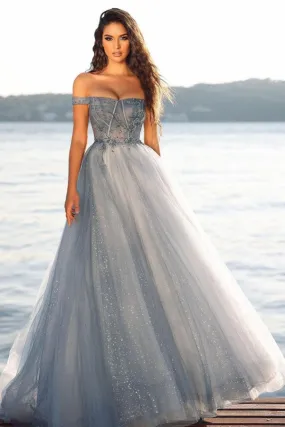 A-line Off-the-shoulder Tulle Glitter Long Prom Dress