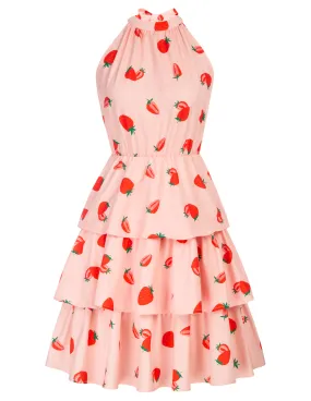 Seckill Offer⌛Strawberry Printed Elastic Waist Cake Dress Sleeveless Halterneck 3-Layer A-Line Dress