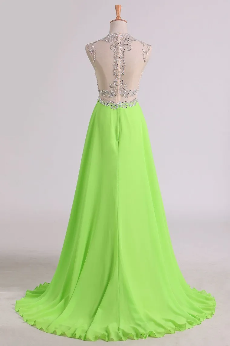 A Line Beaded Bodice Prom Dresses Scoop Chiffon & Tulle With Slit