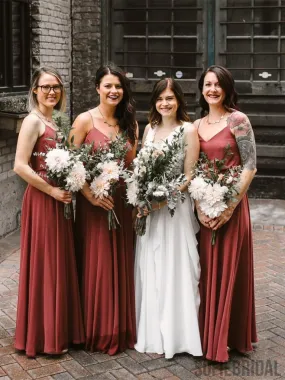 A-line Floor-length V-neck Backless Long Chiffon Bridesmaid Dresses, BD0578