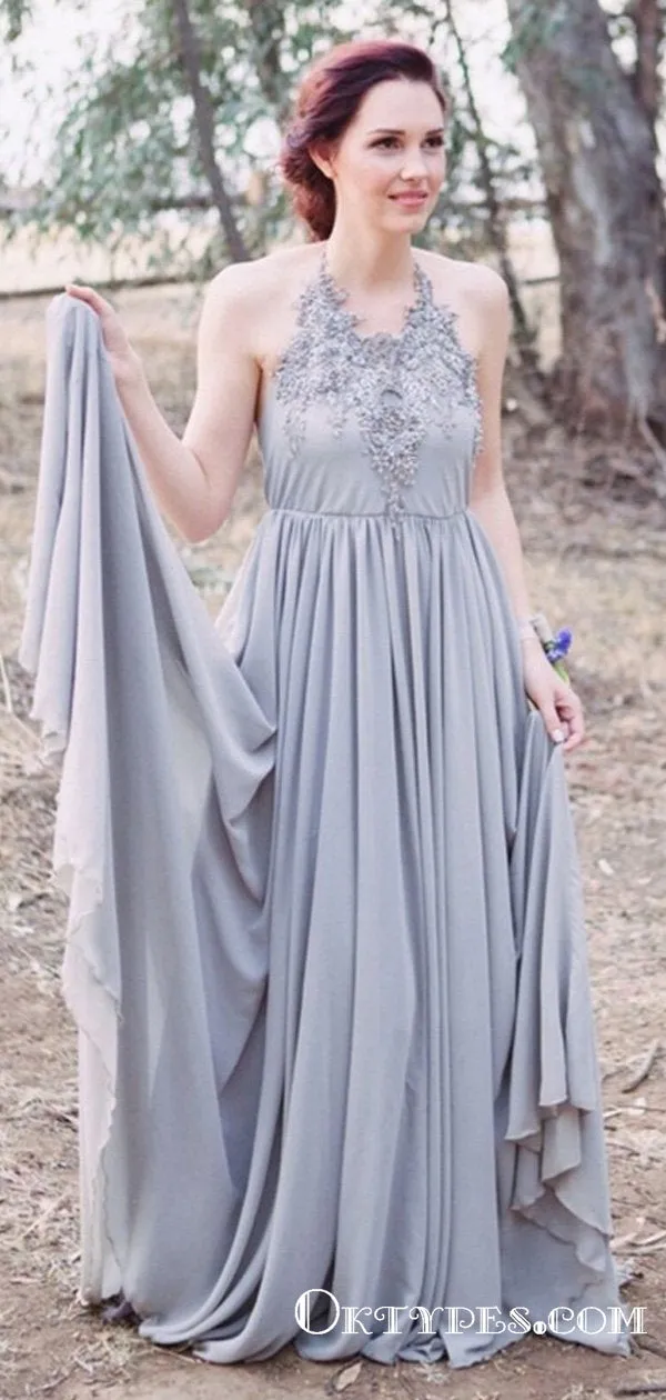 A-Line Halter Backless Grey Chiffon Bridesmaid Dresses with Appliques, TYP1839