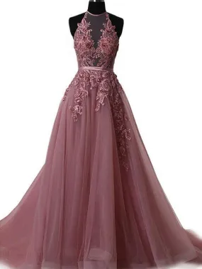 A-line Halter Lace Appliqued Formal Evening Gowns See-through Long Prom Dresses, TYP1193