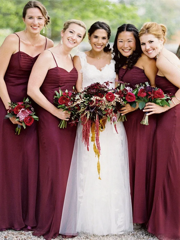 A-line Halter/Spaghetti Strap Floor Length Chiffon Burgundy Bridesmaid Dresses HX00114