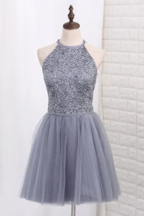 A Line Homecoming Dresses Halter Tulle Beaded Bodice Short/Mini