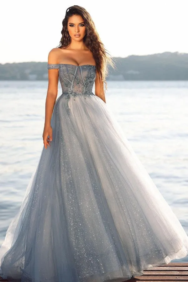 A-line Off-the-shoulder Tulle Glitter Long Prom Dress