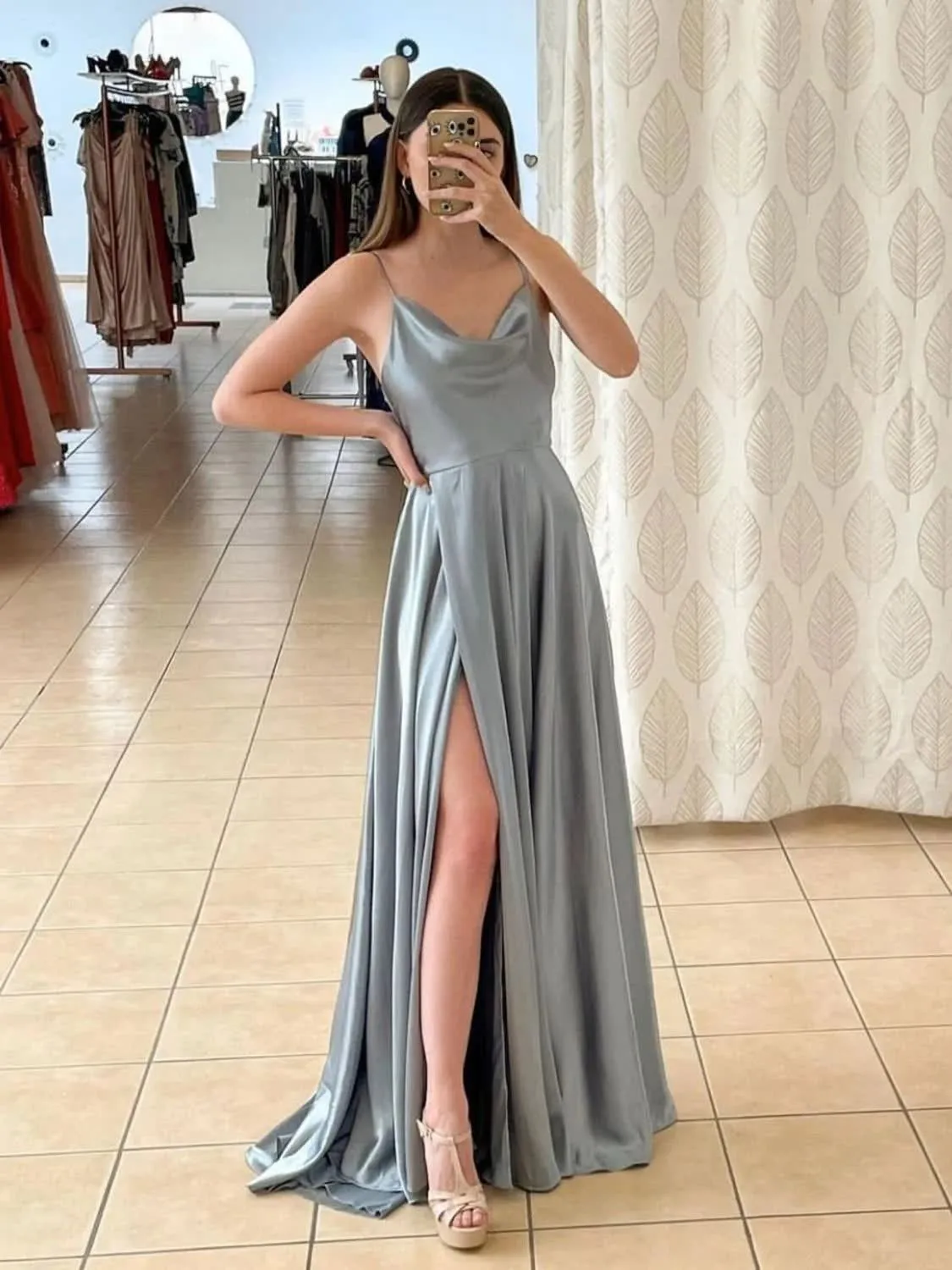 A Line Spaghetti Straps Light Green Long Prom Dress with Silt