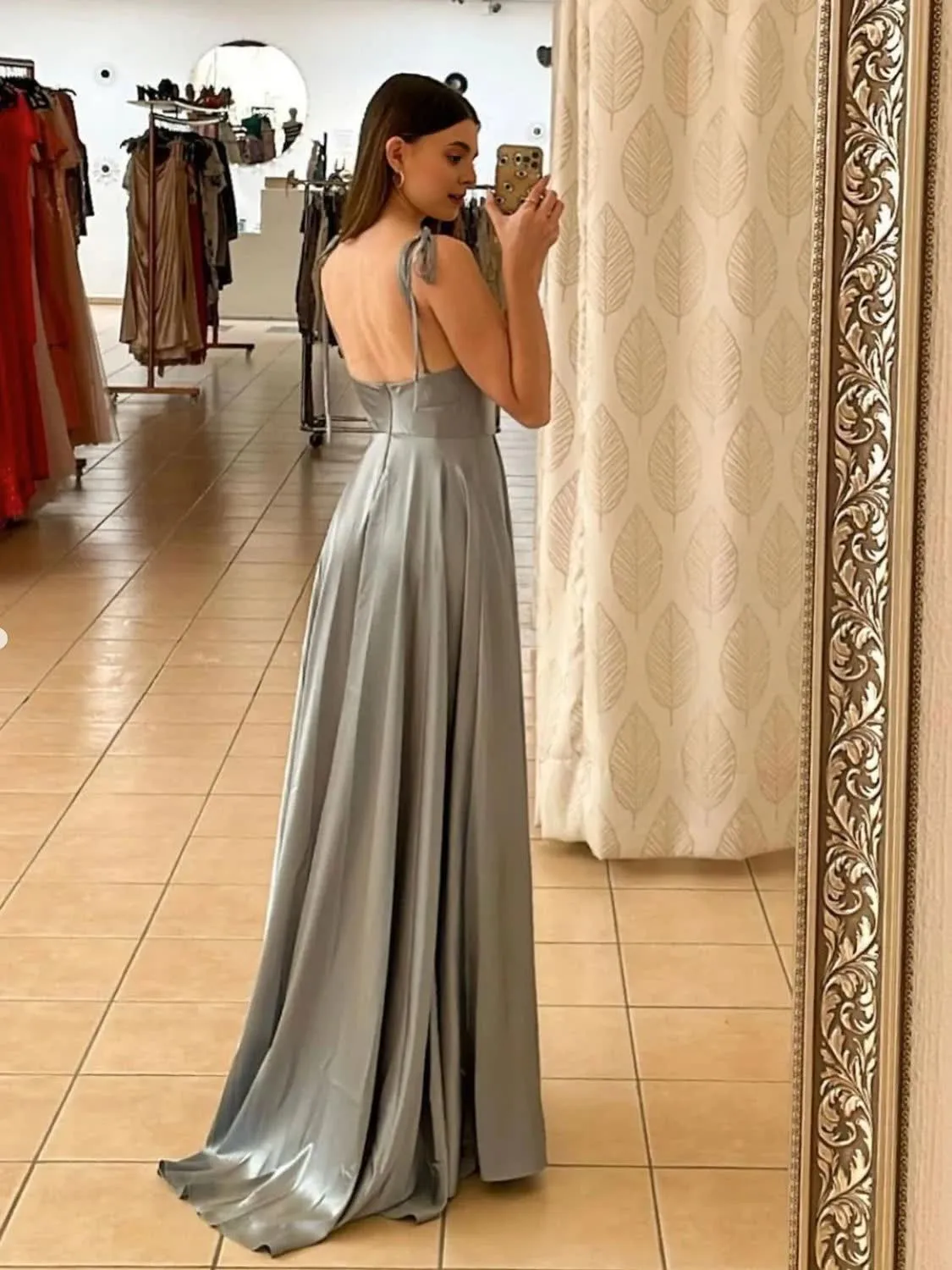 A Line Spaghetti Straps Light Green Long Prom Dress with Silt