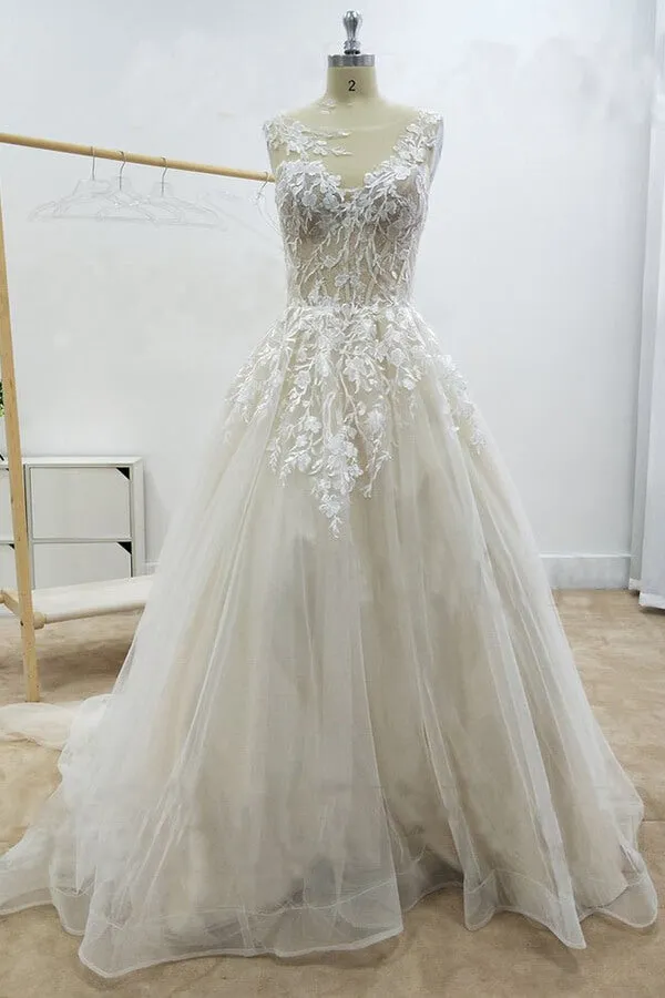 Amazing Long A-line Appliques Lace Tulle Chapel Train Wedding Dress