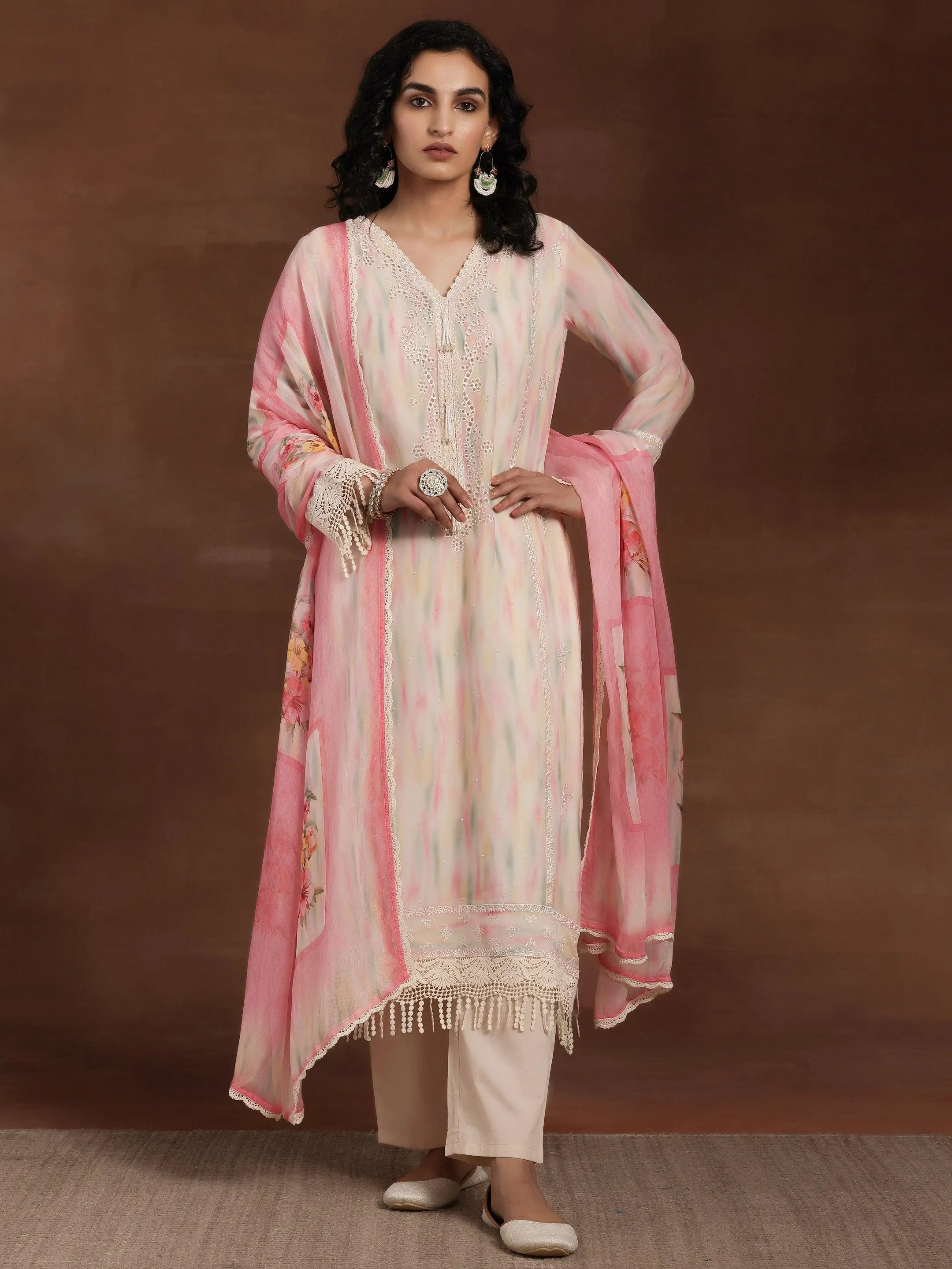 Beige Embroidered Organza Pakistani Suit