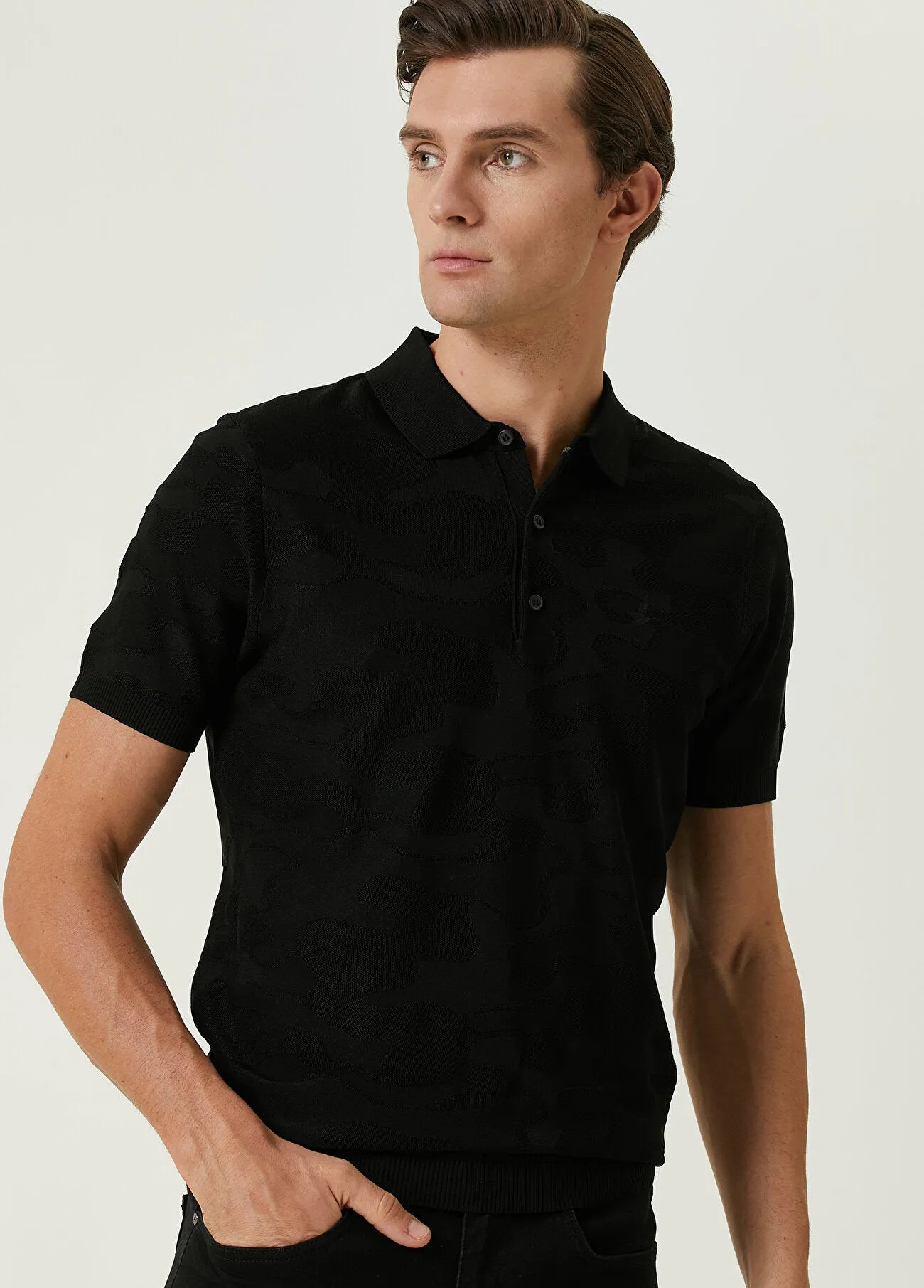 Beymen Club Men Polo Neck Textured Short Sleeve Knitwear Black