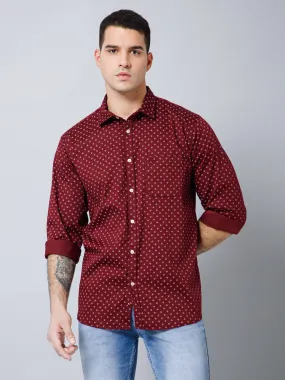 Cantabil Cotton Blend Micro Printed Full Sleeve Regular Fit Maroon Casual Shirt with Pocket for Men