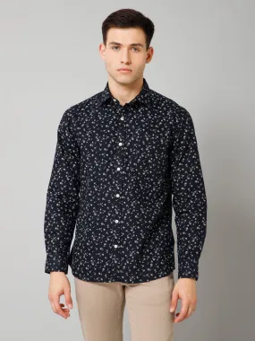 Cantabil Cotton Blend Printed Full Sleeve Regular Fit Navy Blue Casual Shirt for Men with Pocket