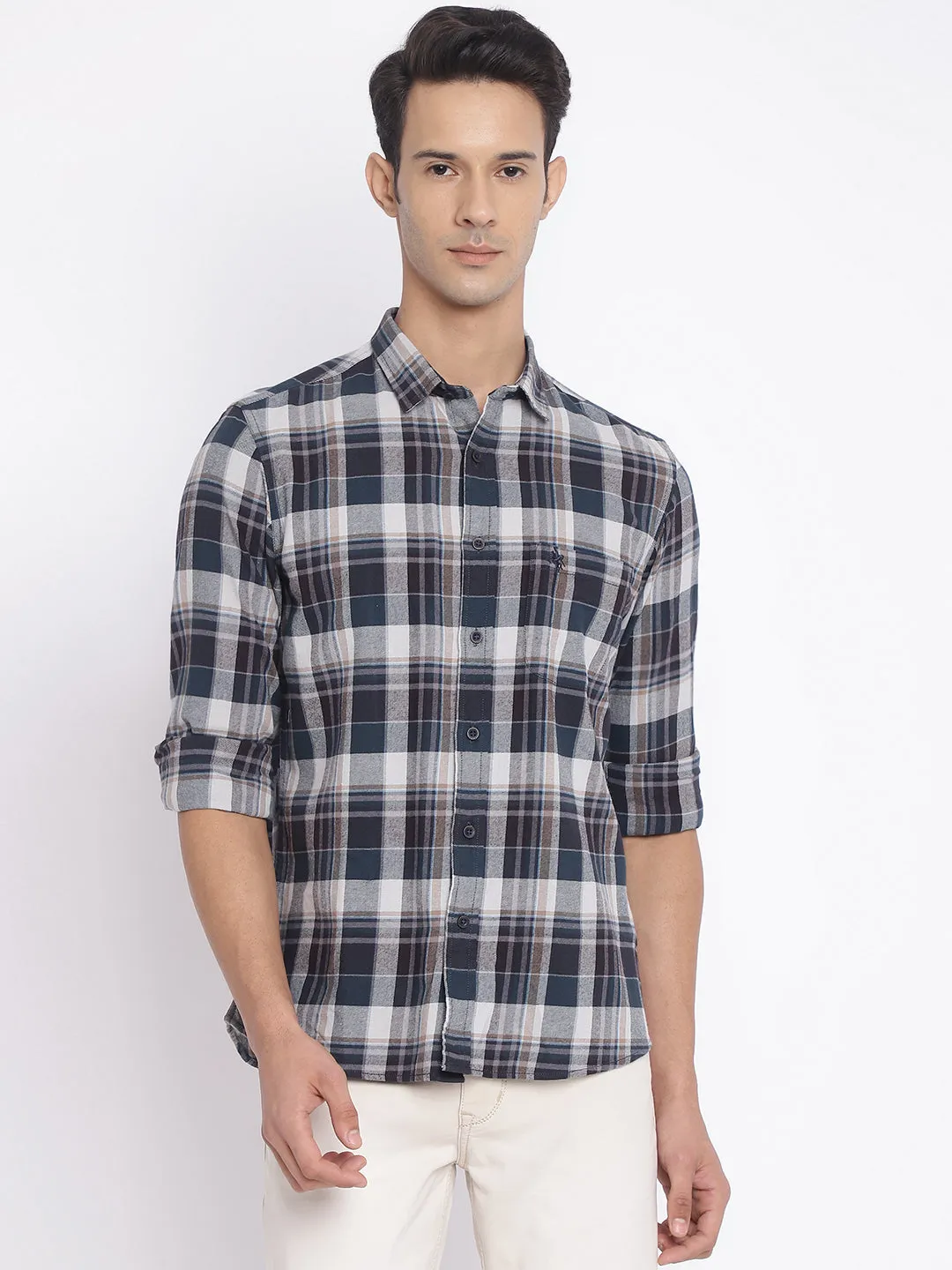 Cantabil Cotton Checkered Blue Full Sleeve Casual Shirt for Men with Pocket