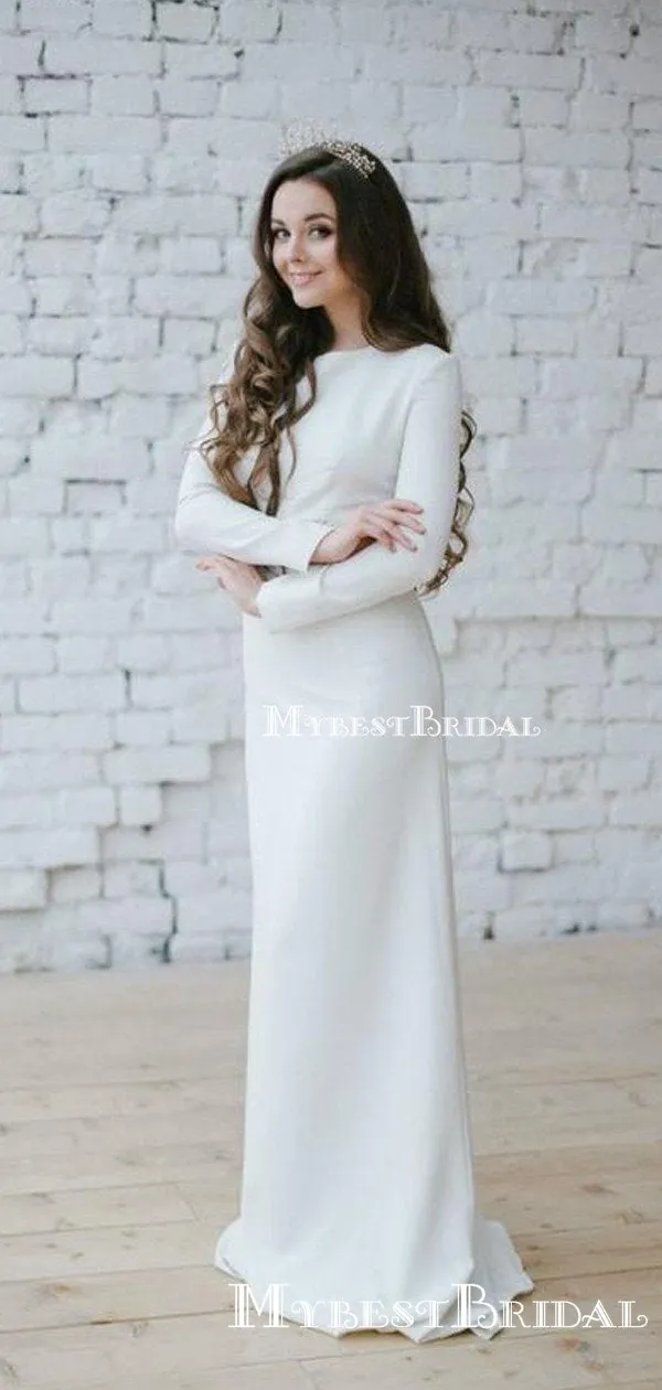 Charming Elegant Bateau Long Sleevees Sheath Wedding Dresses With Appliqued Waist, TYP0095