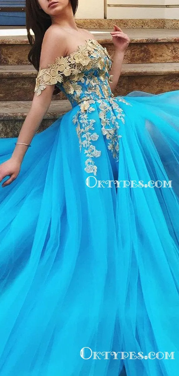 Charming Off-The-Shoulder Blue Tulle Gold Appliqued High Side Slit A-line Long Cheap Prom Dresses, PDS0029