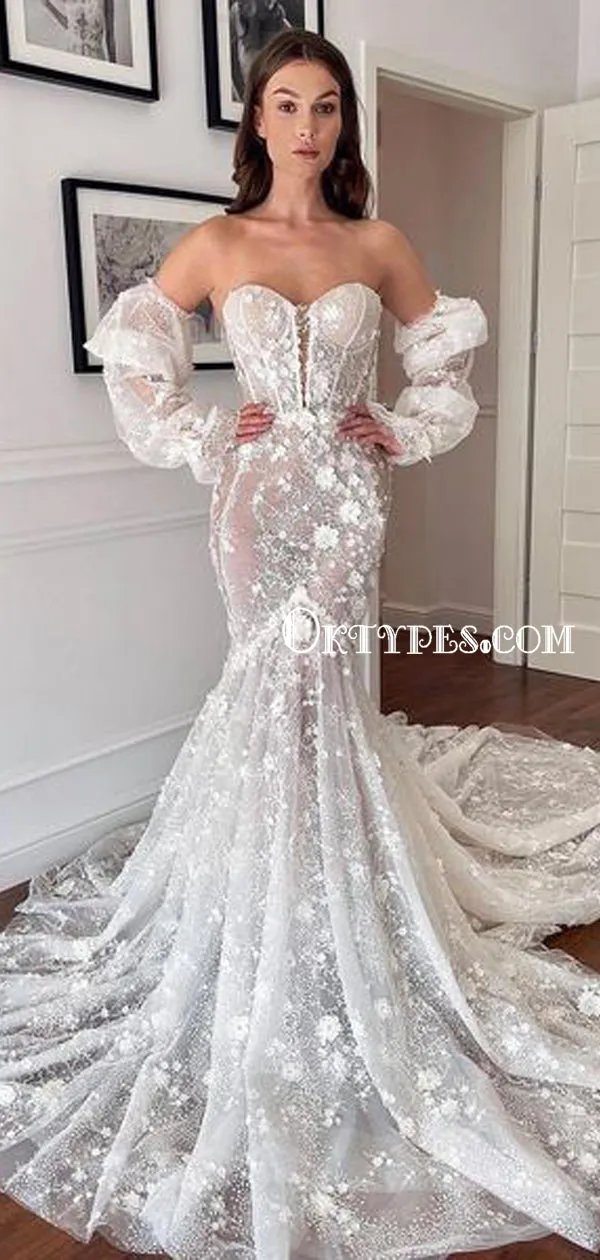 Charming Sweetheart Lace Applique Mermaid Long Cheap Wedding Dresses, WDS0076