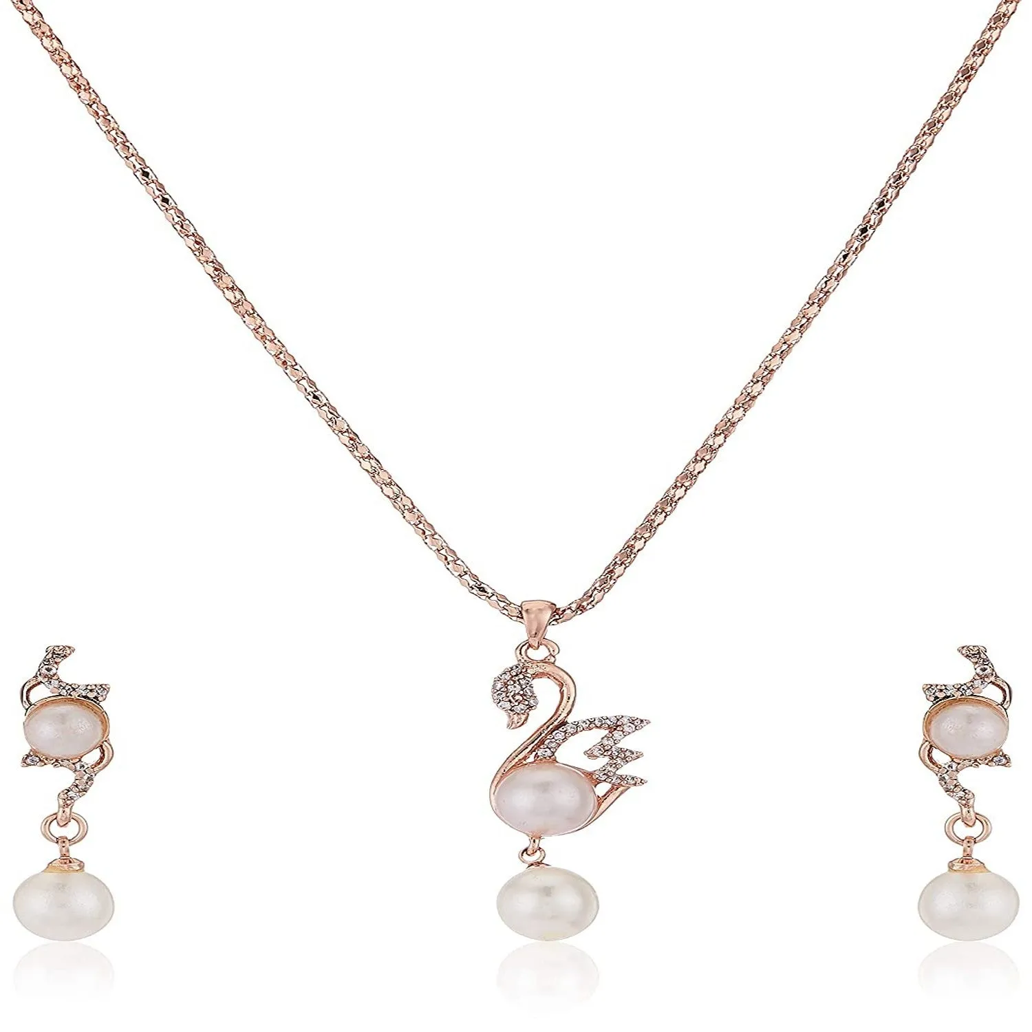 Estele 24 Kt Rose Gold Plated CZ Pearl Swan Chain Necklaces