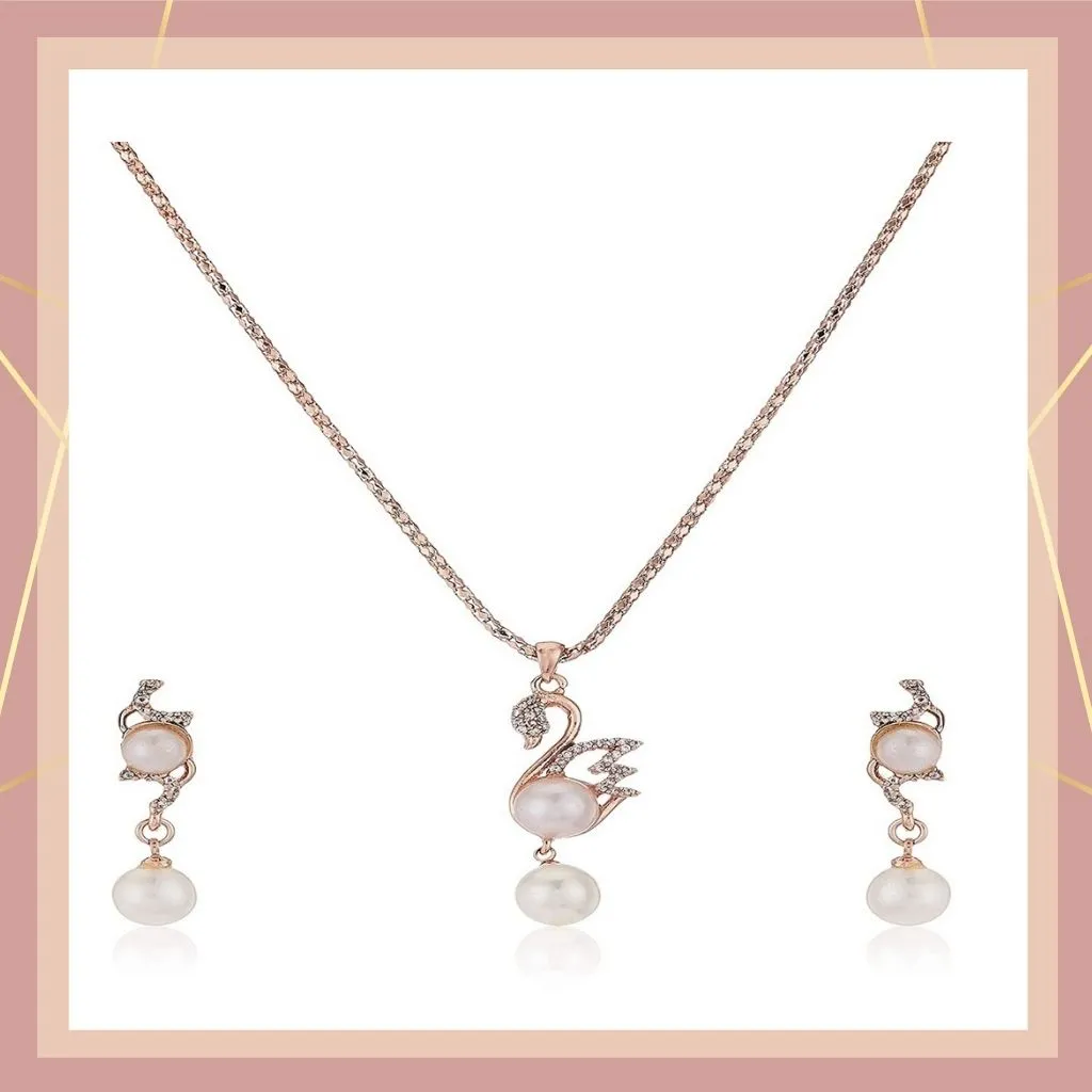 Estele 24 Kt Rose Gold Plated CZ Pearl Swan Chain Necklaces