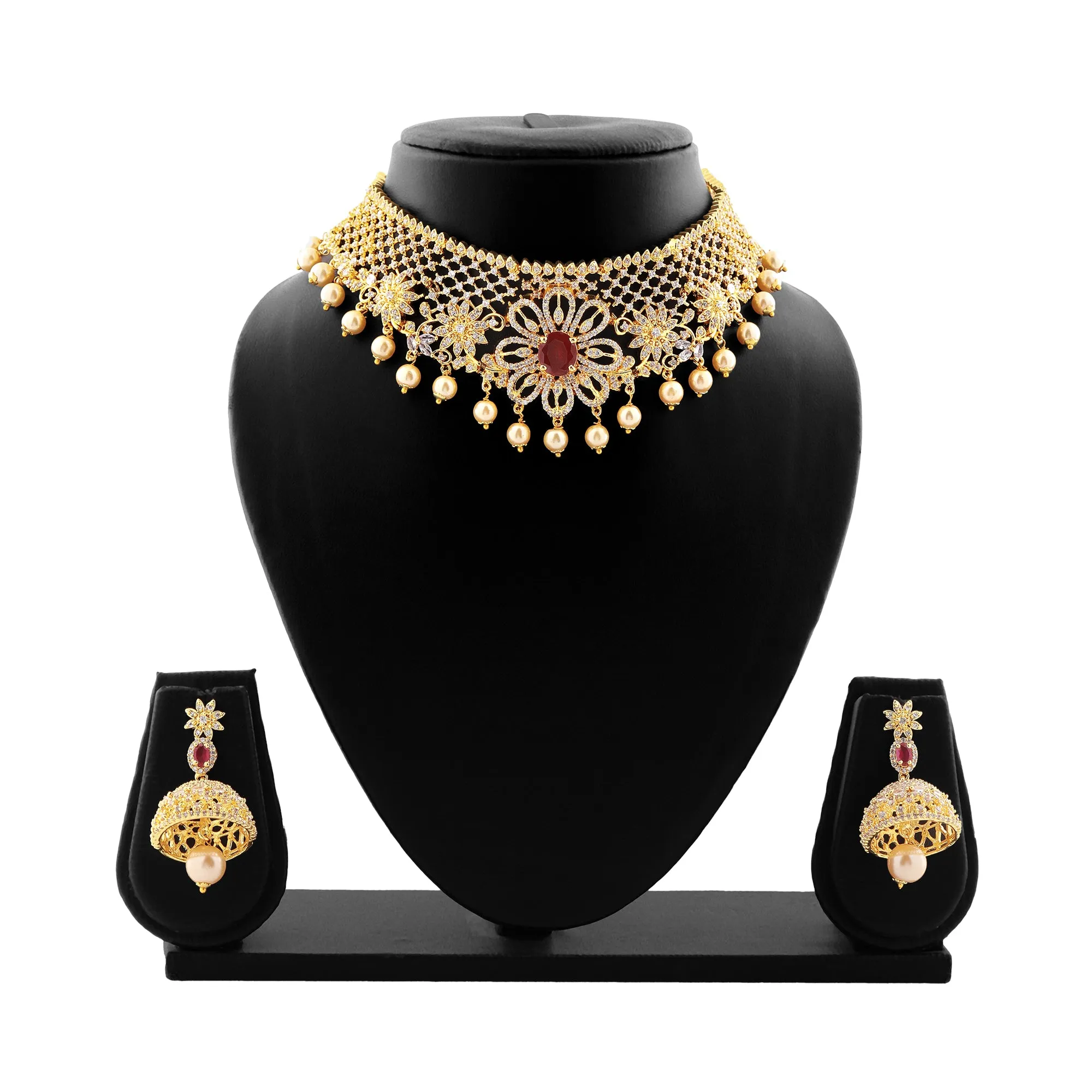 Estele Gold Plated CZ Floral Design Bridal Choker Necklace set with Pearls & Color Stones for Women