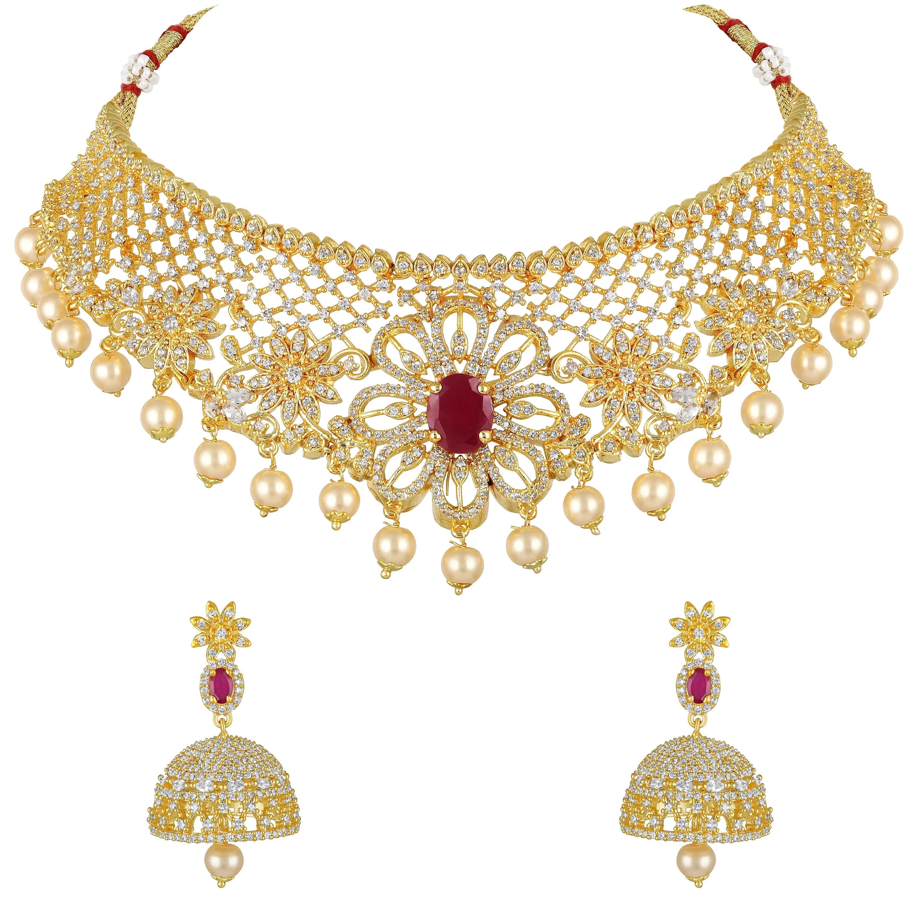 Estele Gold Plated CZ Floral Design Bridal Choker Necklace set with Pearls & Color Stones for Women