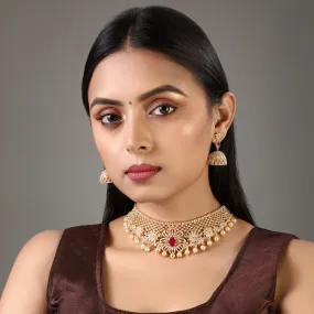 Estele Gold Plated CZ Floral Design Bridal Choker Necklace set with Pearls & Color Stones for Women