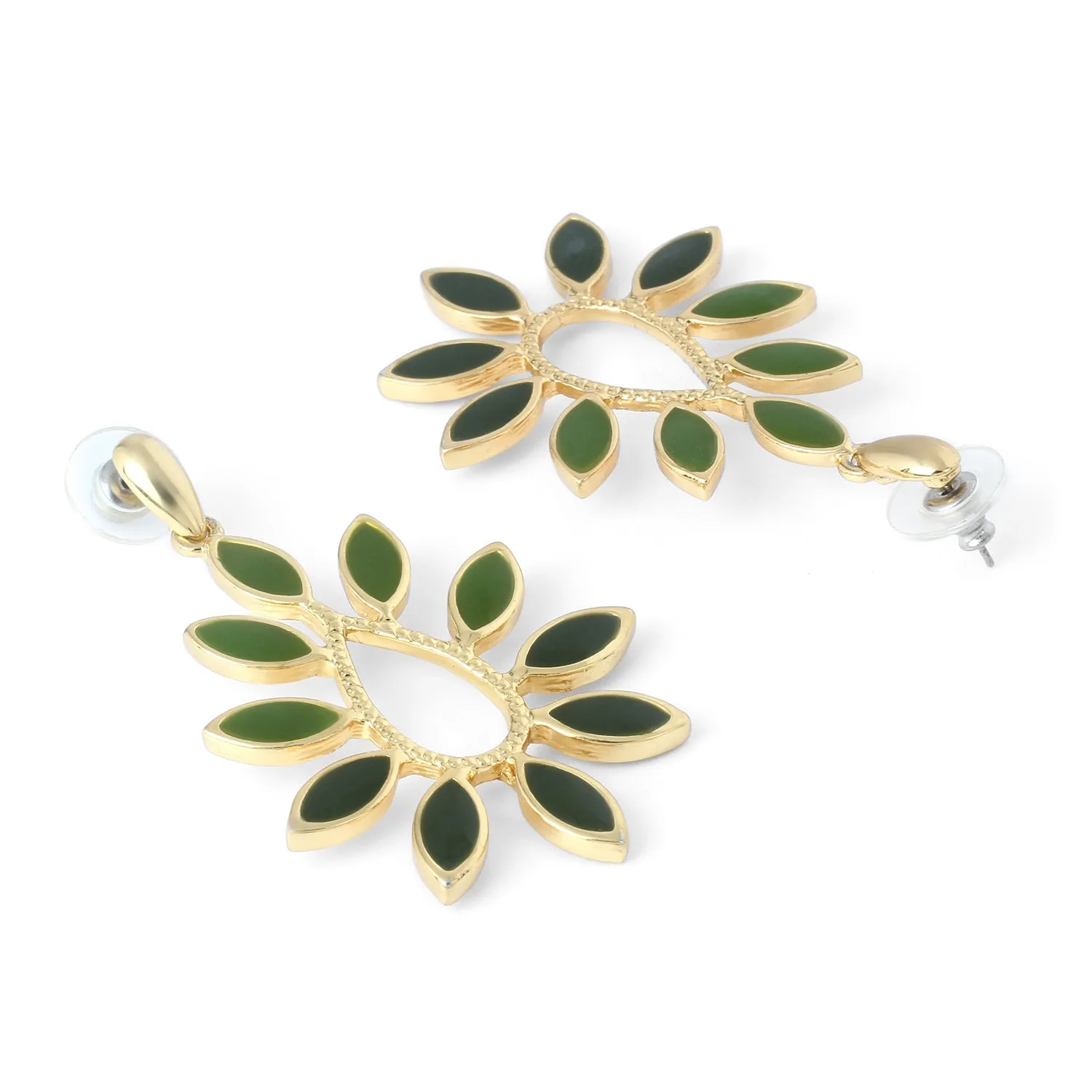 Estele Gold Plated Dangling Leaf Designer Earrings with Green Enamel for Women