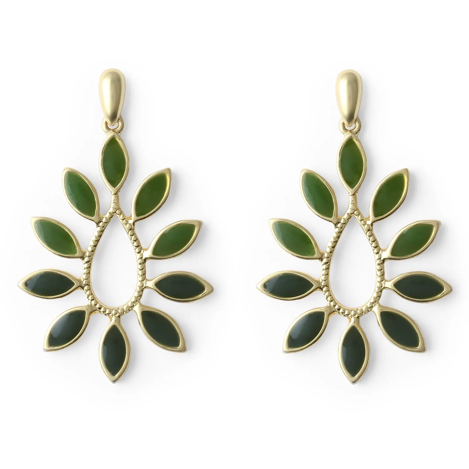 Estele Gold Plated Dangling Leaf Designer Earrings with Green Enamel for Women