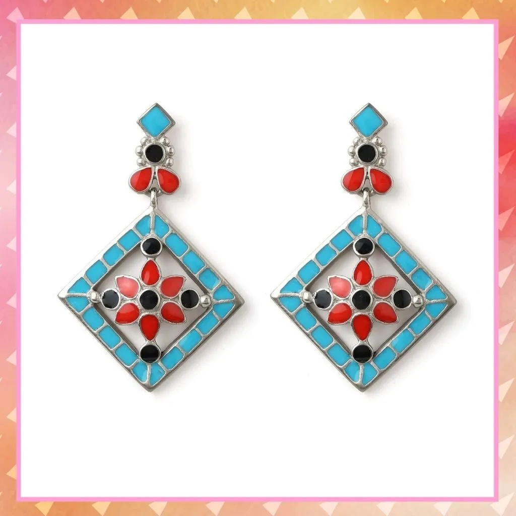 Estele - Oxidised Silver Tone Plated fancy Multicolor geometric pattern hanging earring