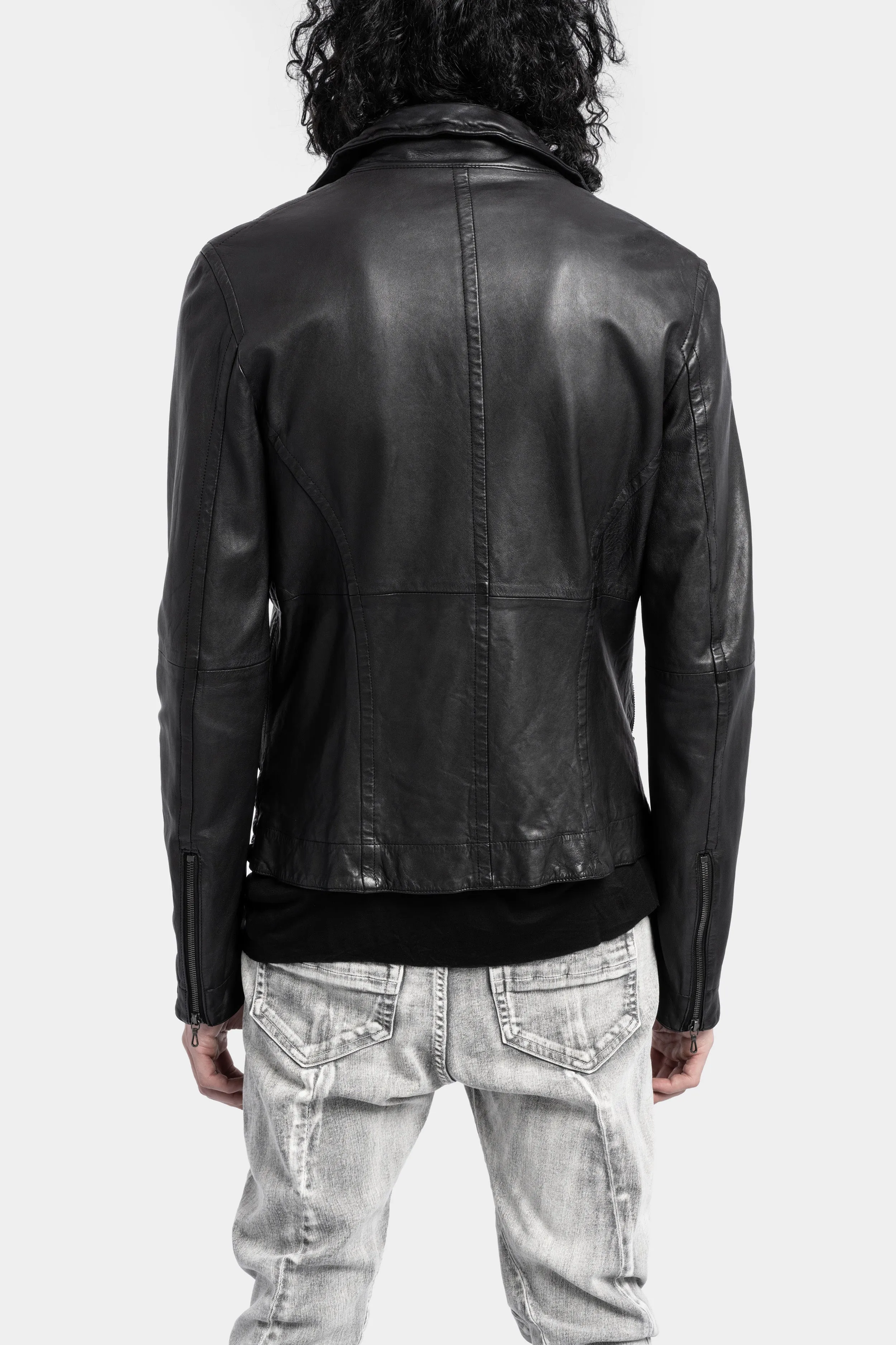 High neck cropped lamb leather jacket