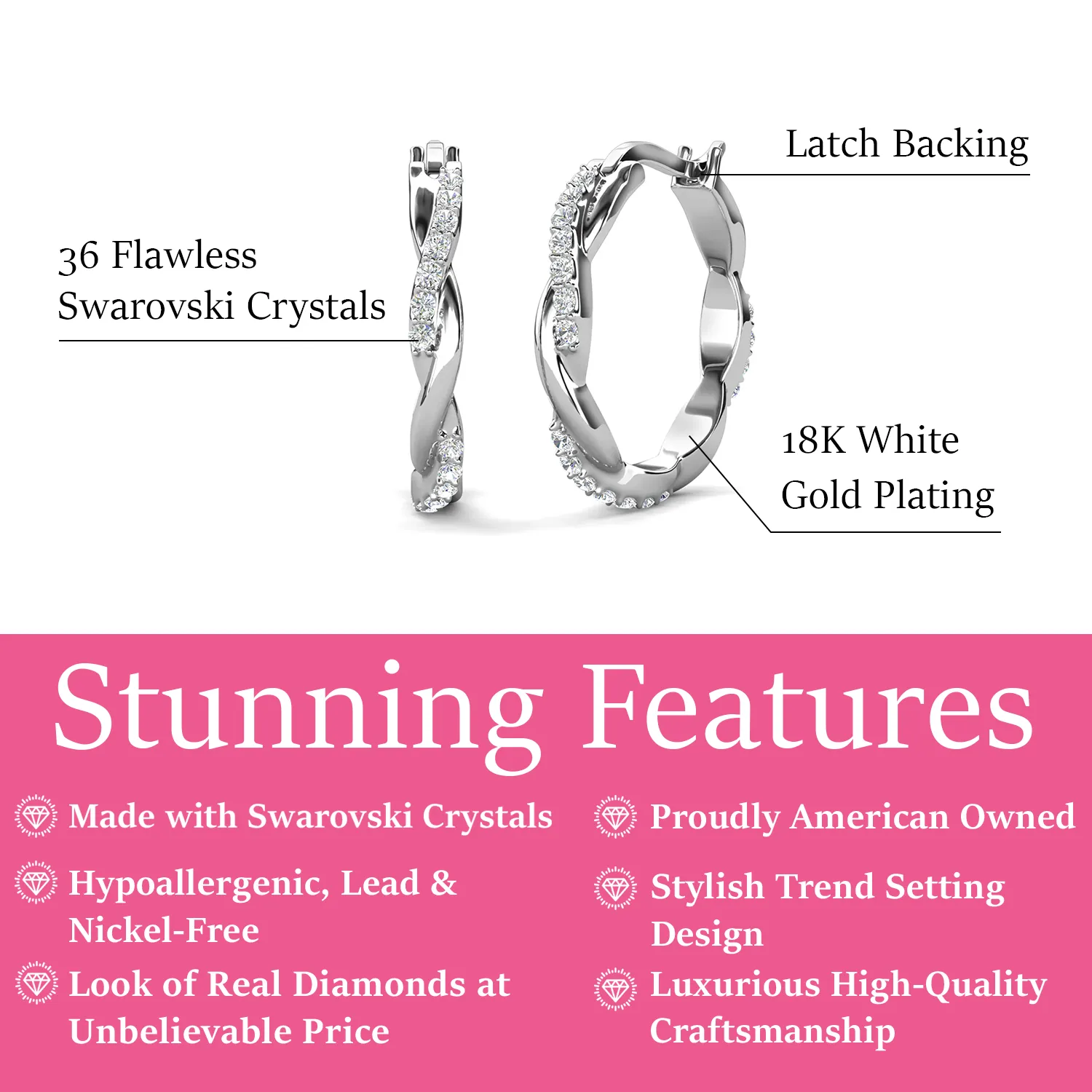 Lauren 18k White Gold Plated Crystal Hoop Earrings for Women