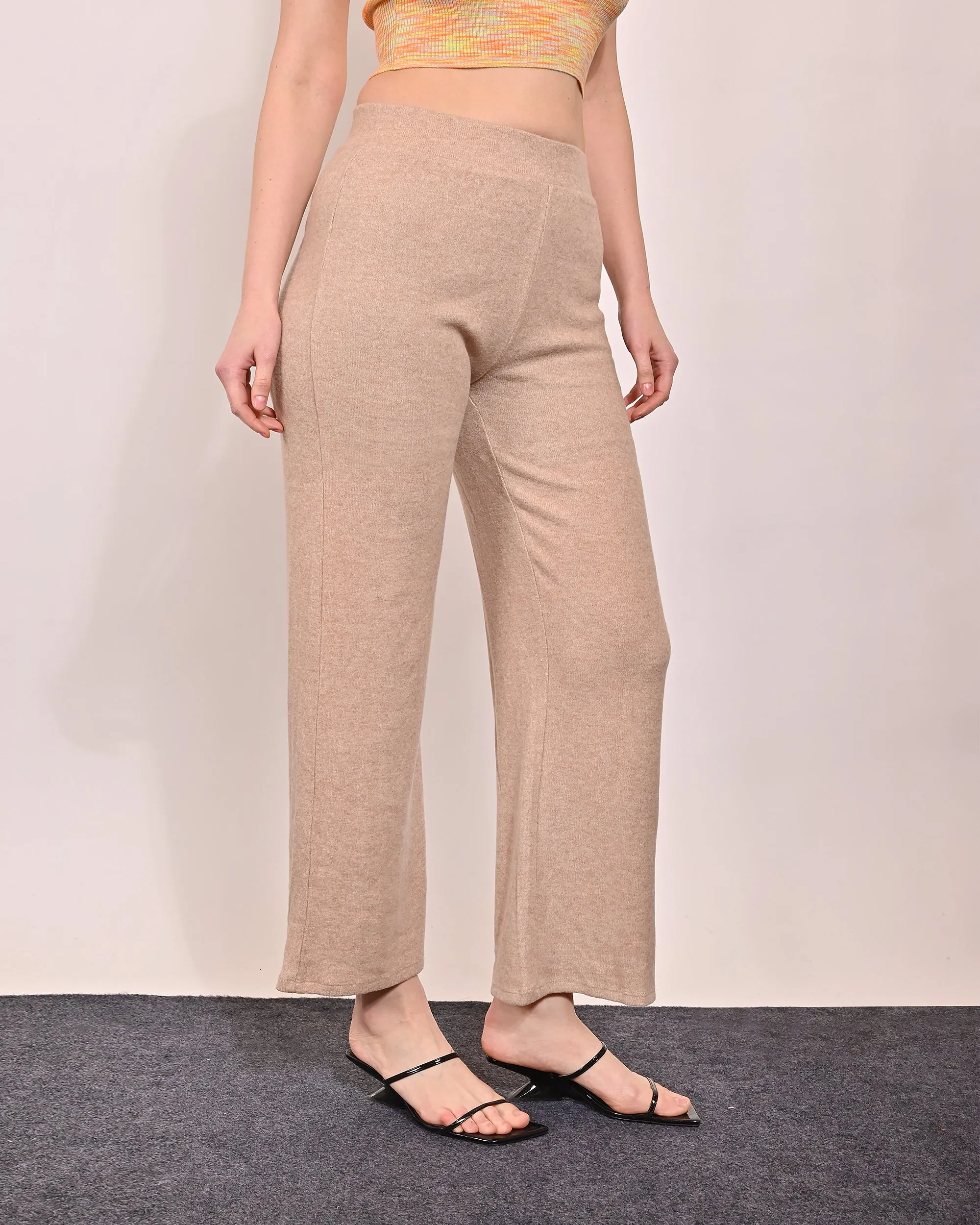 Women Beige Flared Fleece Pants